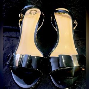Monet Black & Gold Patent Leather Wedge